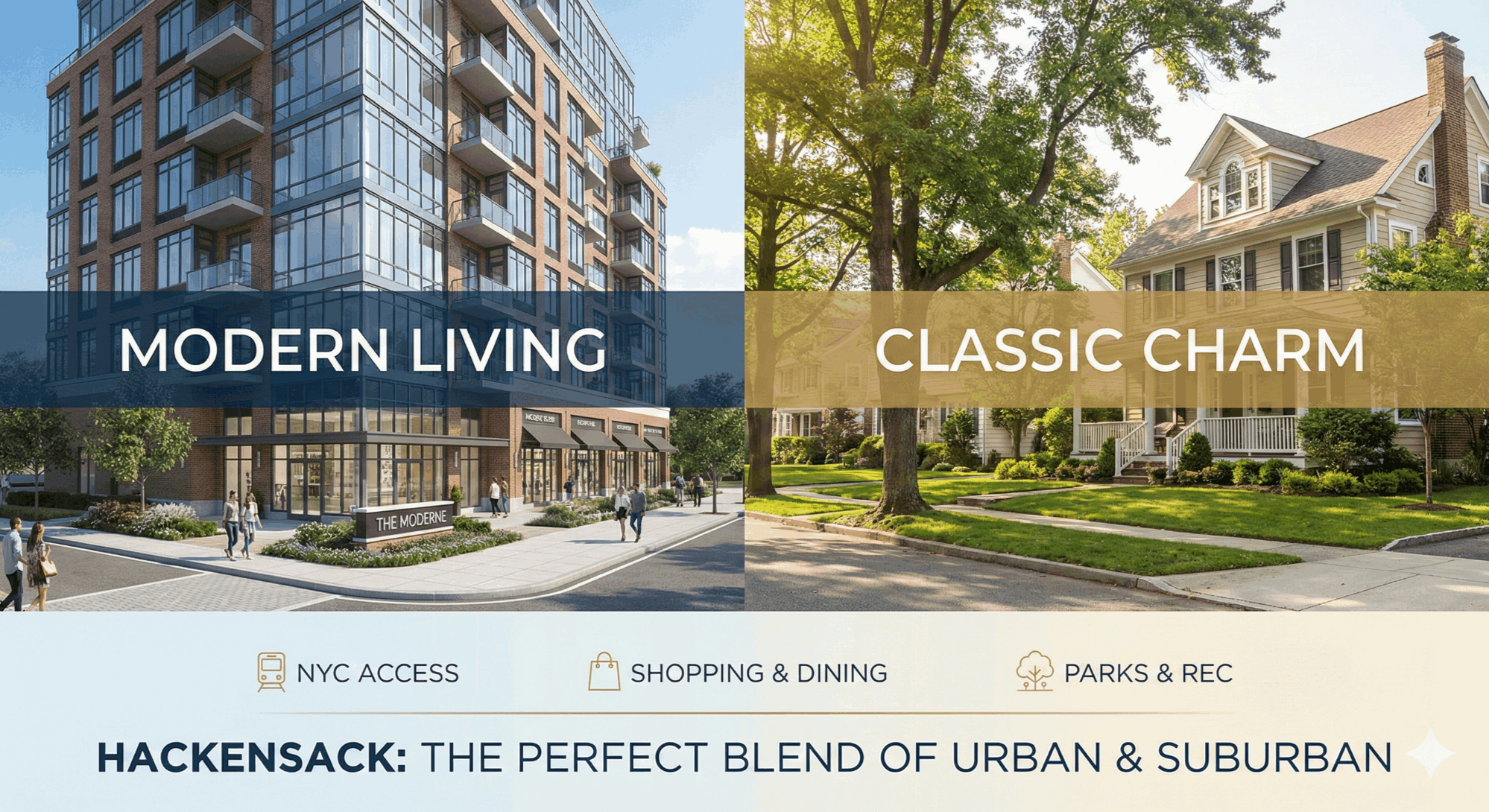 Side by side image of a modern Hackensack condo building and a classic suburban home illustrating Hackensack’s mix of modern living and classic charm, highlighting NYC access, shopping, dining, and parks.