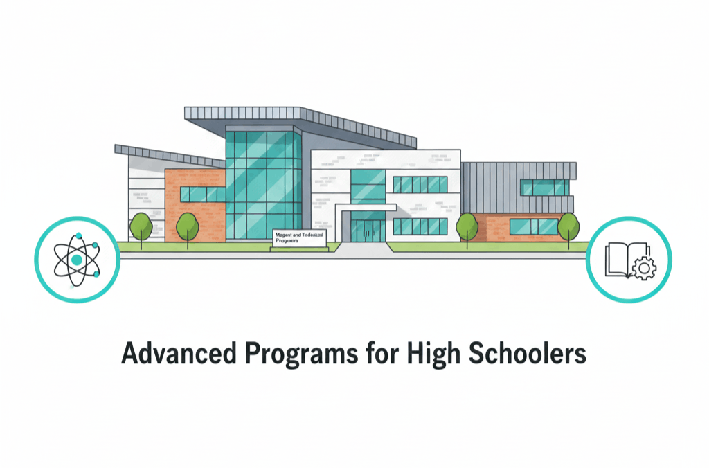 Illustration of a modern magnet and technical school building with large glass windows, surrounded by trees. STEM and engineering icons appear on each side of the building, and the text Advanced Programs for High Schoolers is displayed below.
