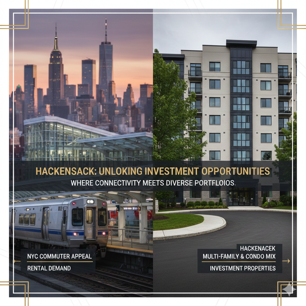 Split image showing the NYC skyline, a commuter train station, and a modern Hackensack multi-family building, highlighting rental demand, commuter appeal, and diverse real estate investment opportunities in Hackensack.