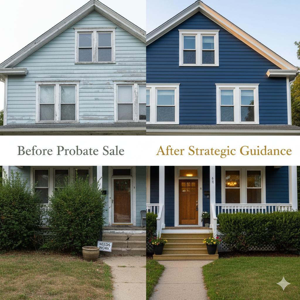 Side-by-side comparison of a distressed three-family home before a probate sale and the same property after strategic updates, showing transformation from neglected condition to renovated, income-producing investment.