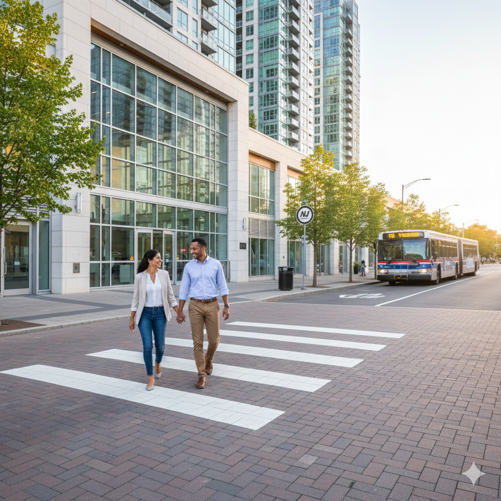 Couple walking near modern Hackensack NJ condos with an NJ Transit bus in the background, highlighting walkability and convenient transit access for buyers seeking homes near transportation.
