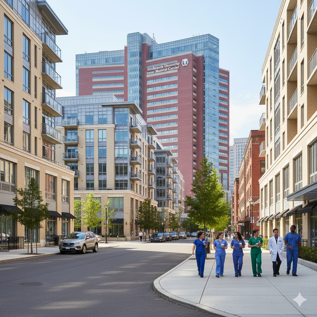Medical staff walking through a residential neighborhood near Hackensack University Medical Center, with nearby condos and apartments showing strong housing demand close to HUMC.