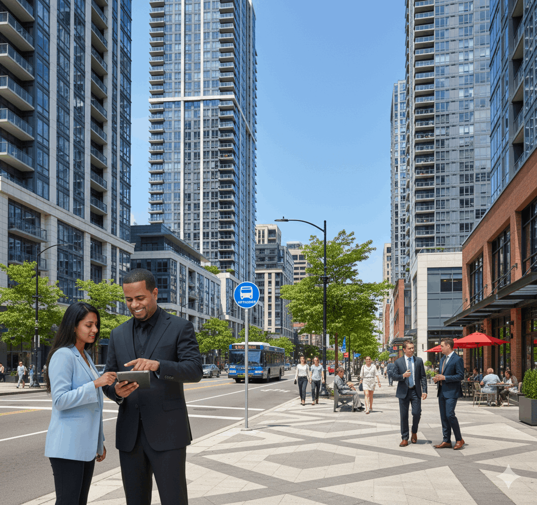 Realtor showing condos to a relocation buyer in a modern Prospect Avenue development in Hackensack NJ with high rise buildings, walkable streets, and NJ Transit access.