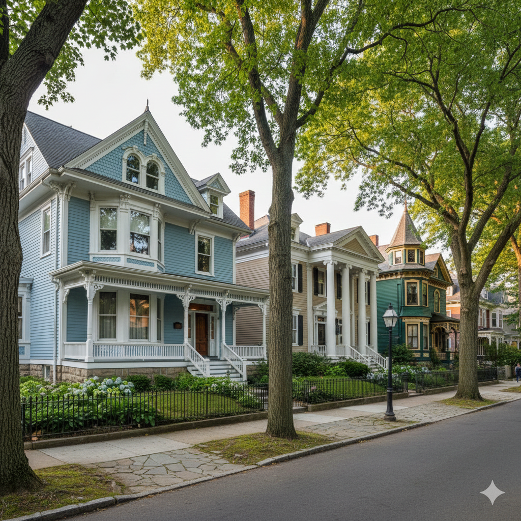 Row of historic Victorian and Colonial homes on a tree-lined street in Hackensack NJ, showcasing preserved architecture, mature landscaping, and the charm of the Fairmount neighborhood.