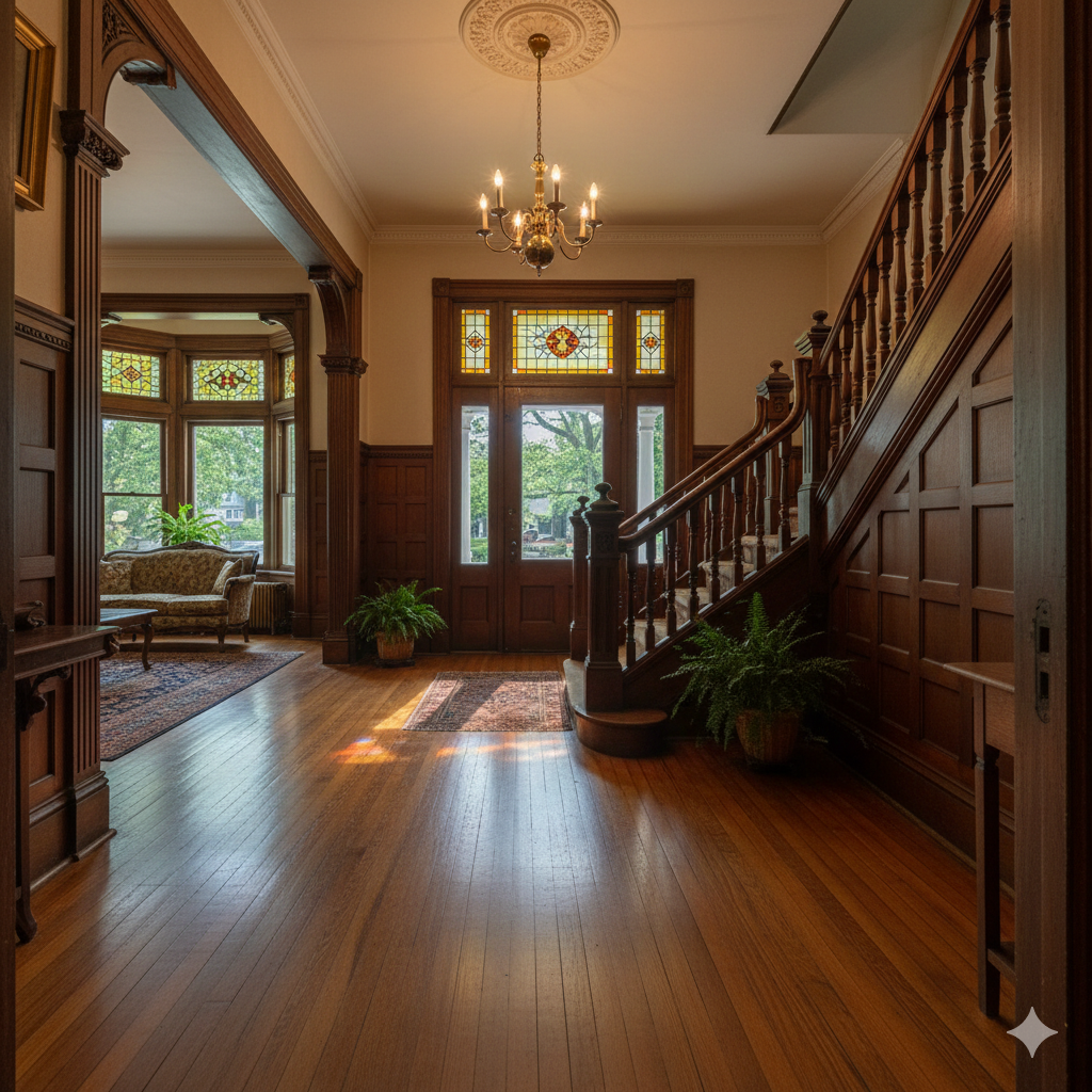 Historic Victorian foyer in a Hackensack NJ home featuring original hardwood floors, stained glass windows, detailed wood trim, and a classic staircase that highlights the unique charm of older Hackensack properties.