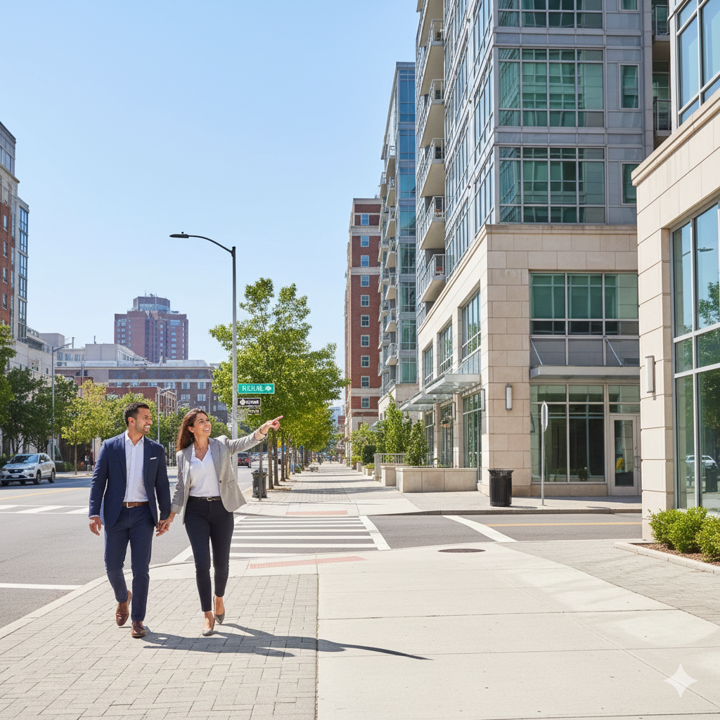 Homebuyers touring a walkable condo neighborhood near Hackensack University Medical Center, highlighting modern buildings, amenities, and strong demand for homes near HUMC.