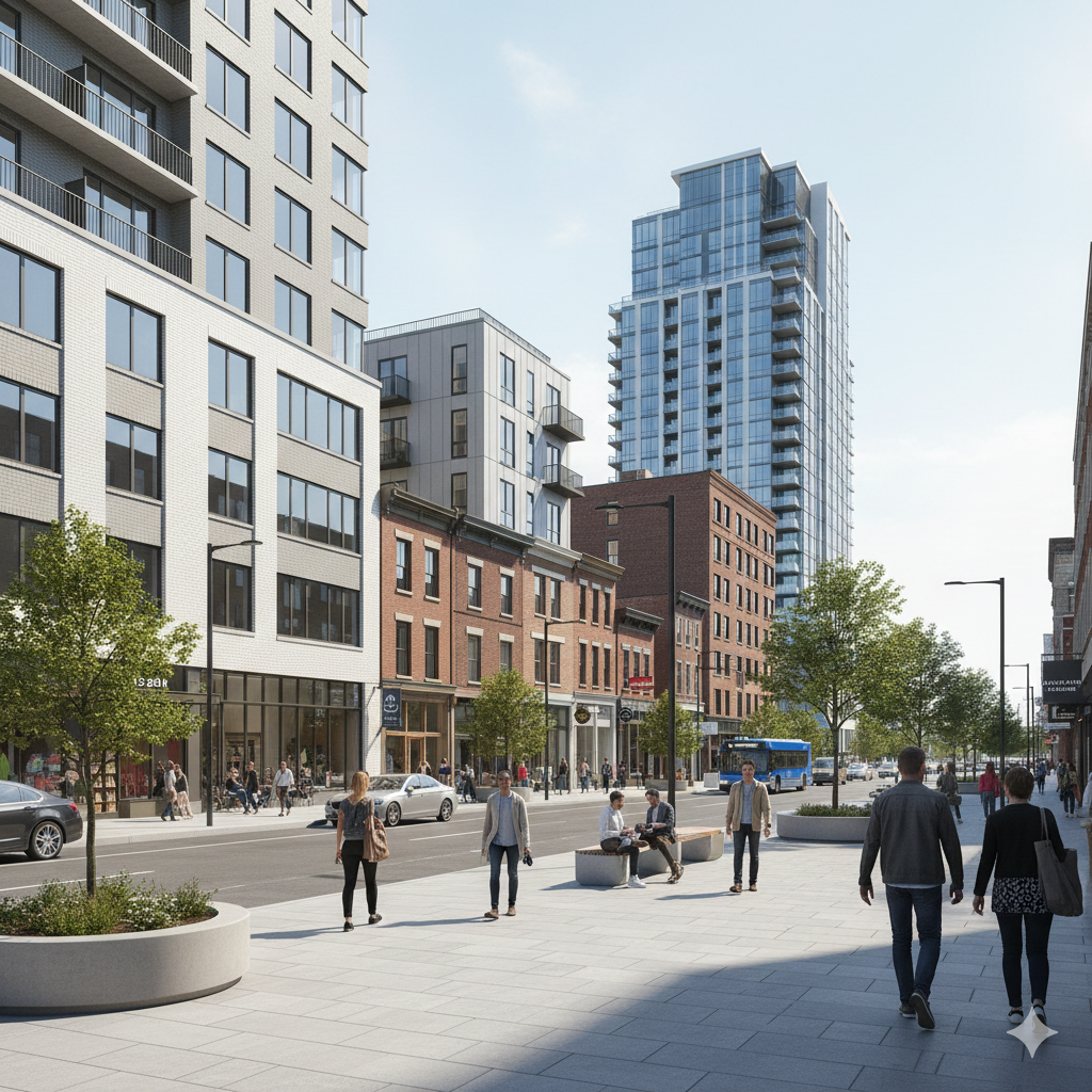 Modern redevelopment zone in Downtown Hackensack featuring new mixed-use buildings, updated streetscapes, luxury high-rise condos, and residents walking along widened sidewalks.