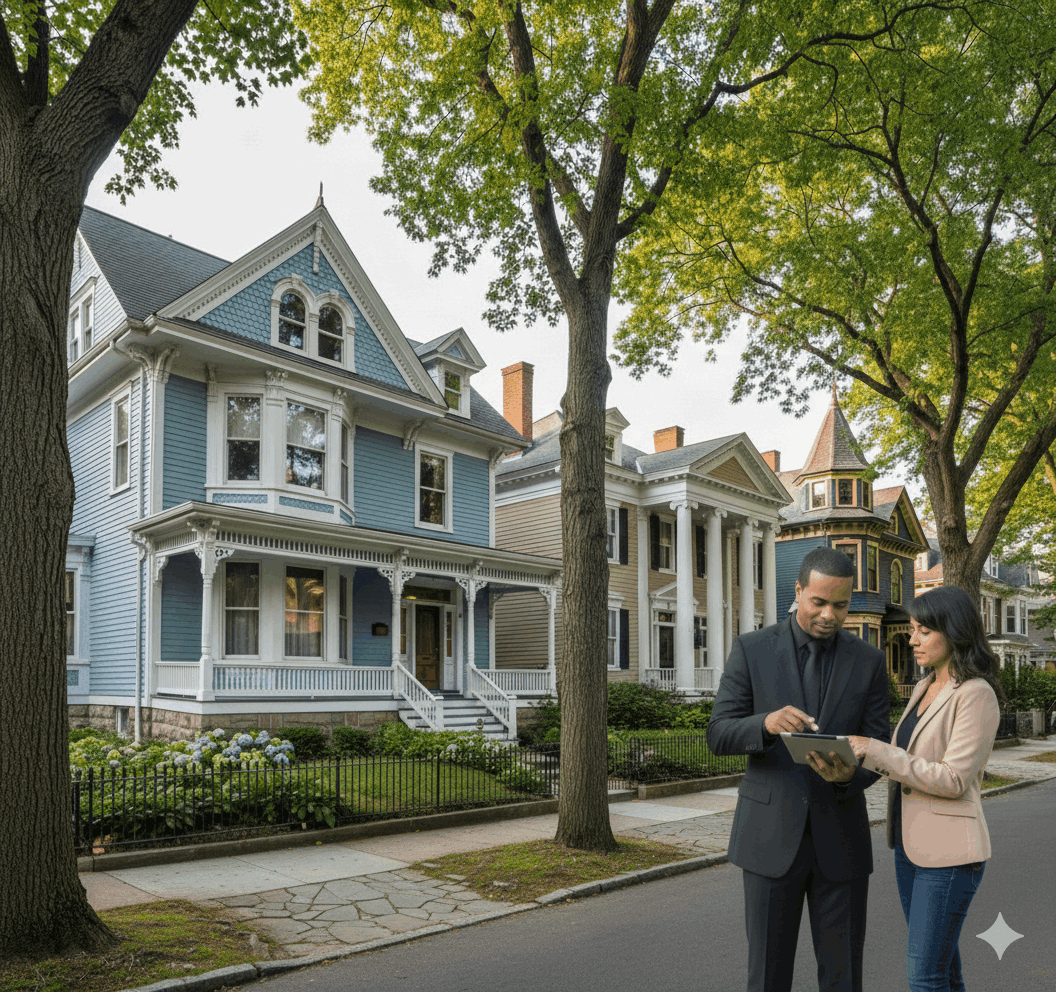Real estate agent reviewing renovation plans with a buyer outside a historic Victorian home in Hackensack NJ, highlighting the charm and character of the Fairmount neighborhood and the value of expert guidance when purchasing older properties.