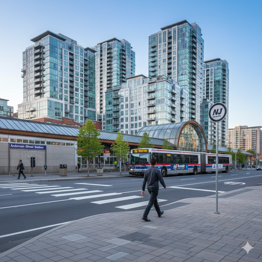 Modern transit oriented living in Hackensack NJ featuring Anderson Street Station, NJ Transit buses, and nearby high rise condos with walkable access for commuters heading to Manhattan.