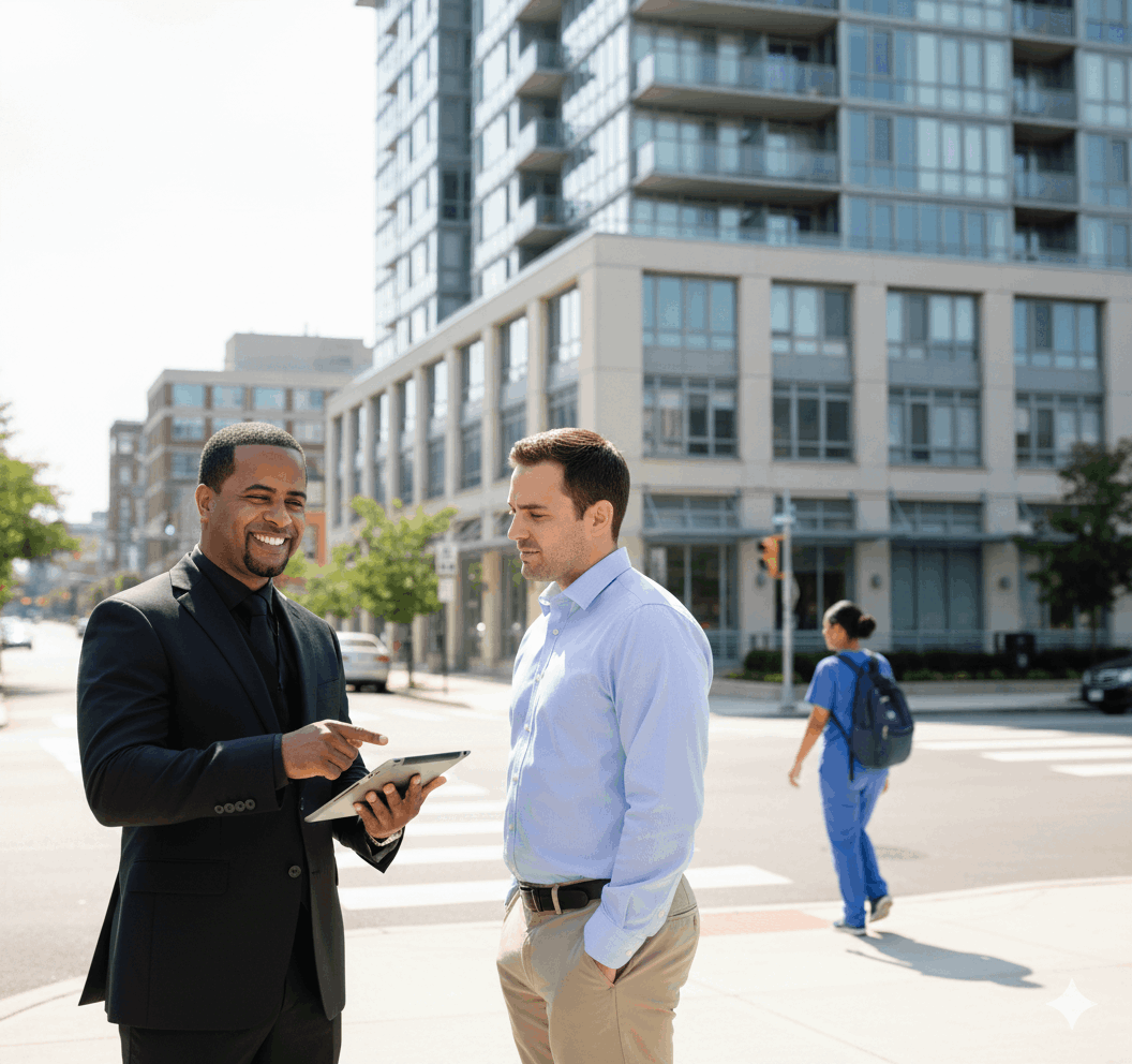 Real estate agent advising an investor outside a modern condo building near Hackensack University Medical Center, with a medical professional walking by to show strong rental demand near HUMC.
