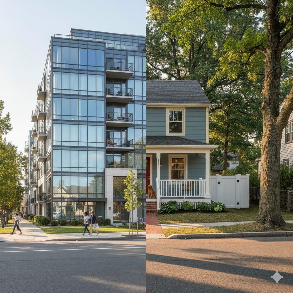Modern Prospect Avenue condo building next to a charming Hackensack starter home, showing the mix of entry level housing options for first time buyers in Hackensack NJ.