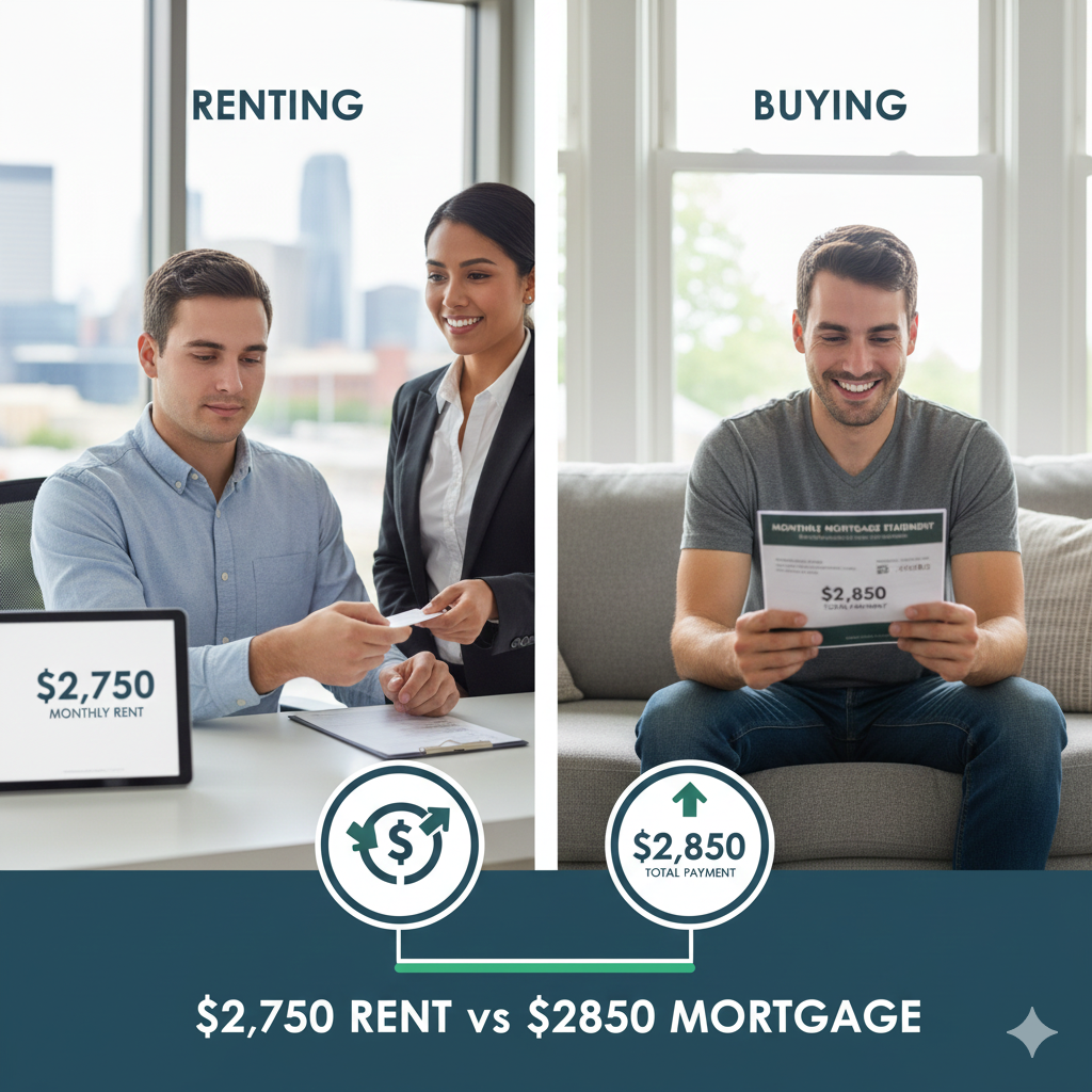 Split image comparing renting versus buying in Hackensack NJ, showing renter paying $2,750 monthly rent on the left and a happy homeowner holding a $2,850 mortgage statement on the right, highlighting the small cost difference for buyers.