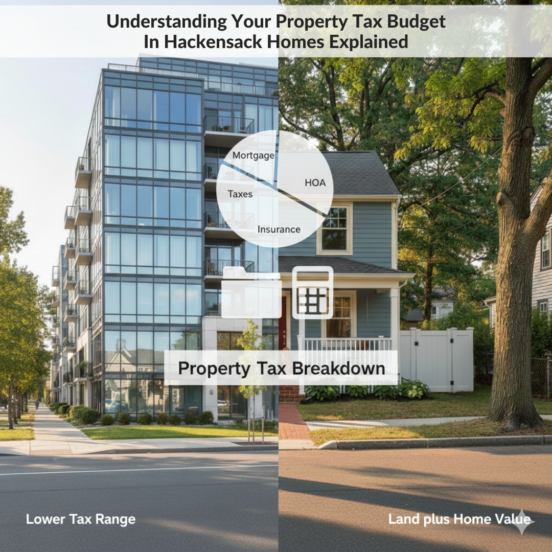 Split image of a Hackensack condo and single family home with a pie chart and calculator graphic representing how New Jersey buyers budget for property taxes.