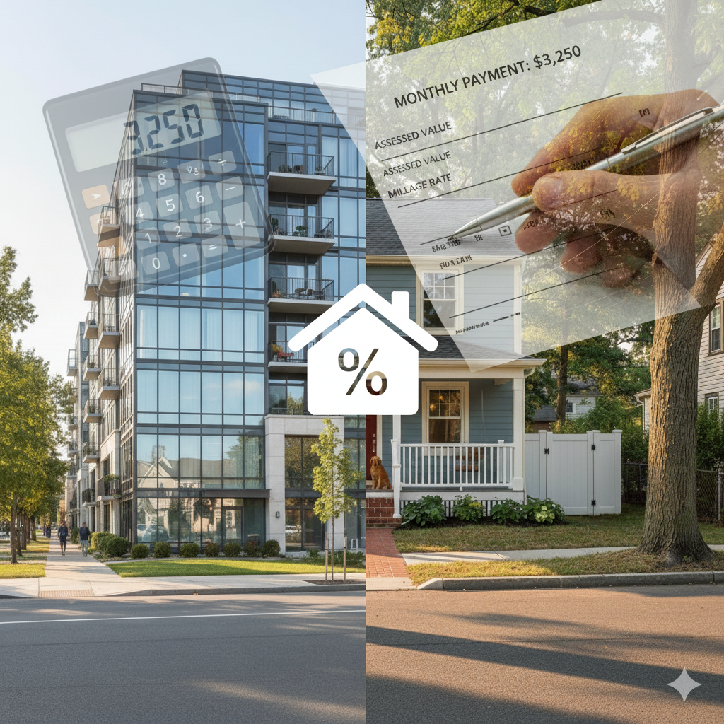 Modern Hackensack condo and single family home split image with calculator, monthly payment sheet, and house percentage icon representing property tax rates and budgeting for buyers in Hackensack, NJ.