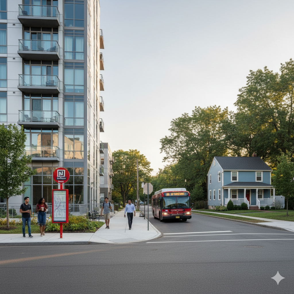 Modern Hackensack condo building beside a starter single family home with NJ Transit bus access, showing entry level housing options for first time buyers in Hackensack NJ.