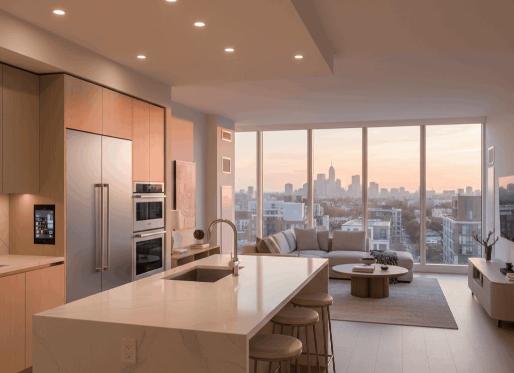 Modern luxury condo interior in Hackensack with open layout, smart kitchen features, floor to ceiling windows, and sunset skyline views.