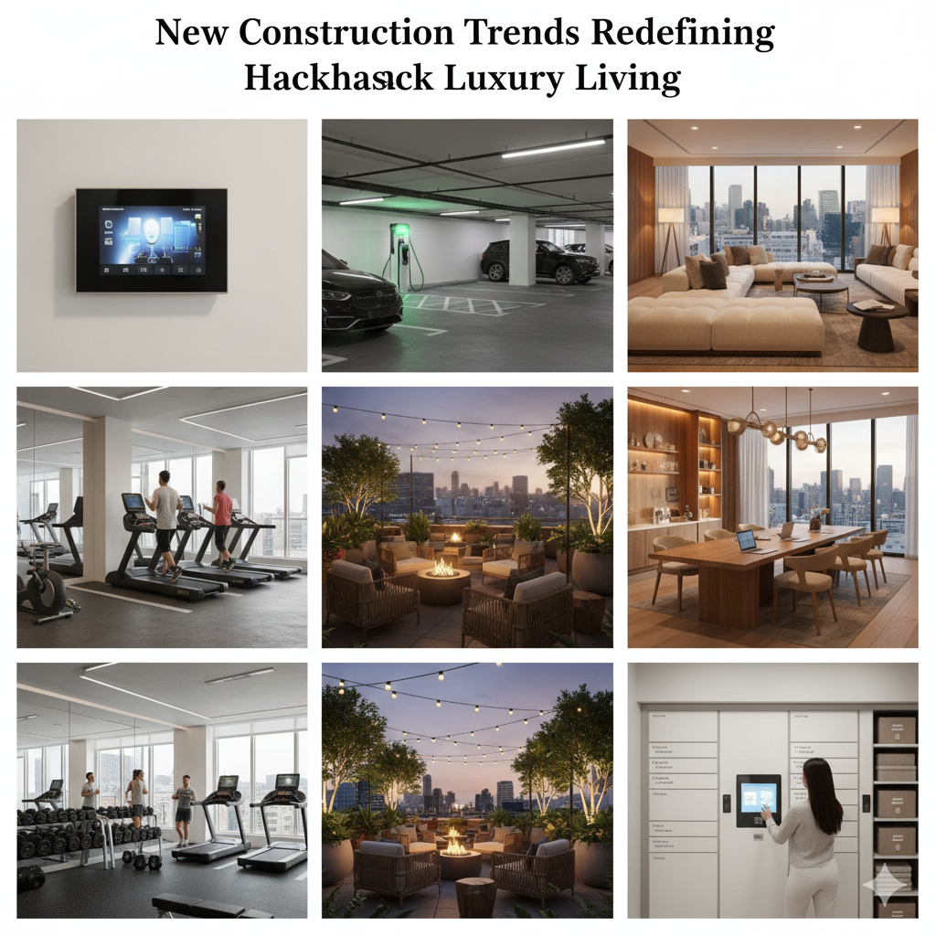 Modern Hackensack luxury amenity collage featuring smart home controls, EV charging, fitness center, rooftop lounge with city views, upscale interiors, and secure package lockers.