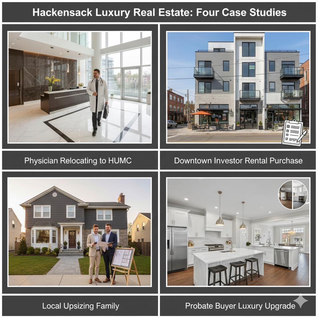 Collage of four Hackensack luxury real estate case studies showing a physician entering a modern condo lobby, a downtown mixed use luxury building for an investor rental purchase, a family upsizing to a renovated single family home, and a probate buyer&rsquo;s upgraded high end kitchen with before and after comparison.