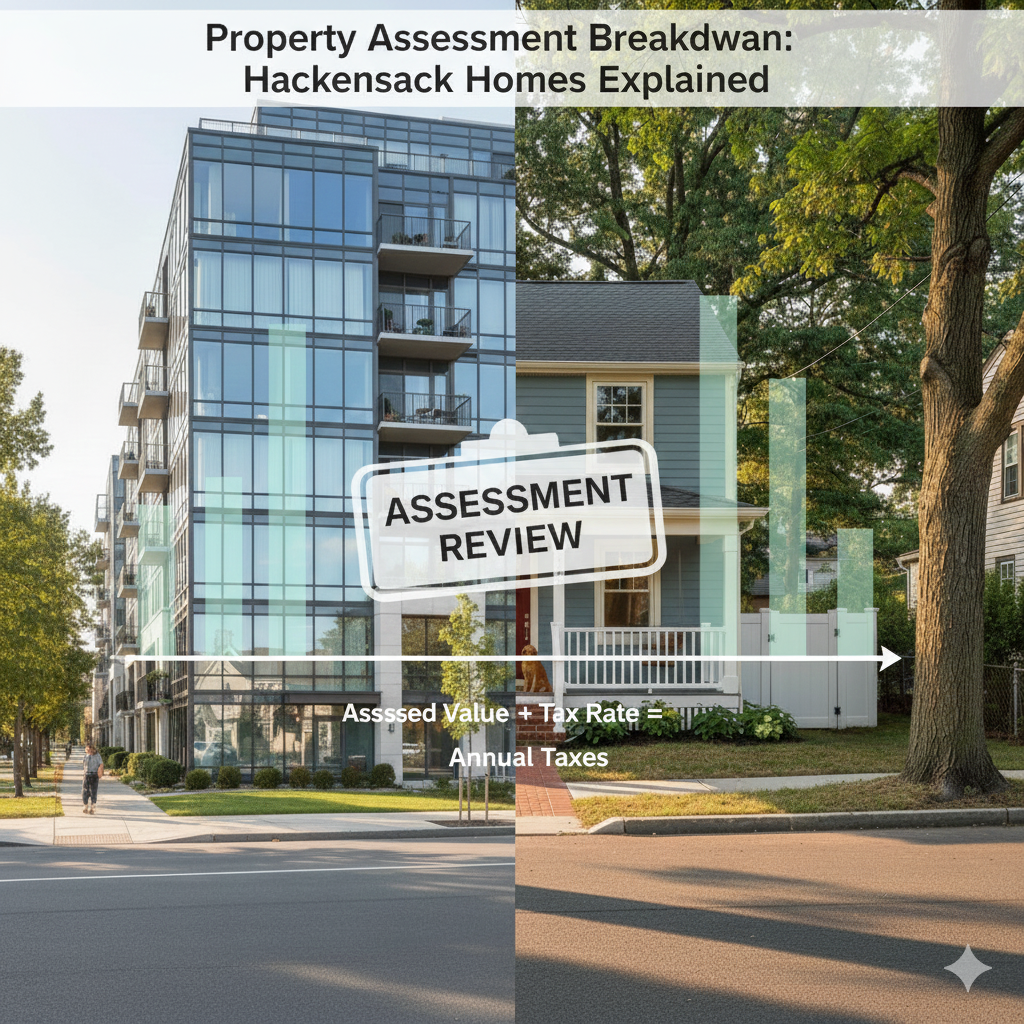 Split image of a modern Hackensack condo and a historic single family home with valuation graphics representing how property assessments work in Hackensack, NJ.