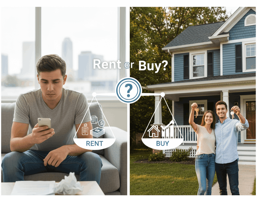 Split image comparing renting and buying in Hackensack with a stressed renter on the left and happy new homeowners holding keys on the right, highlighting the financial decision between rent and buy options.