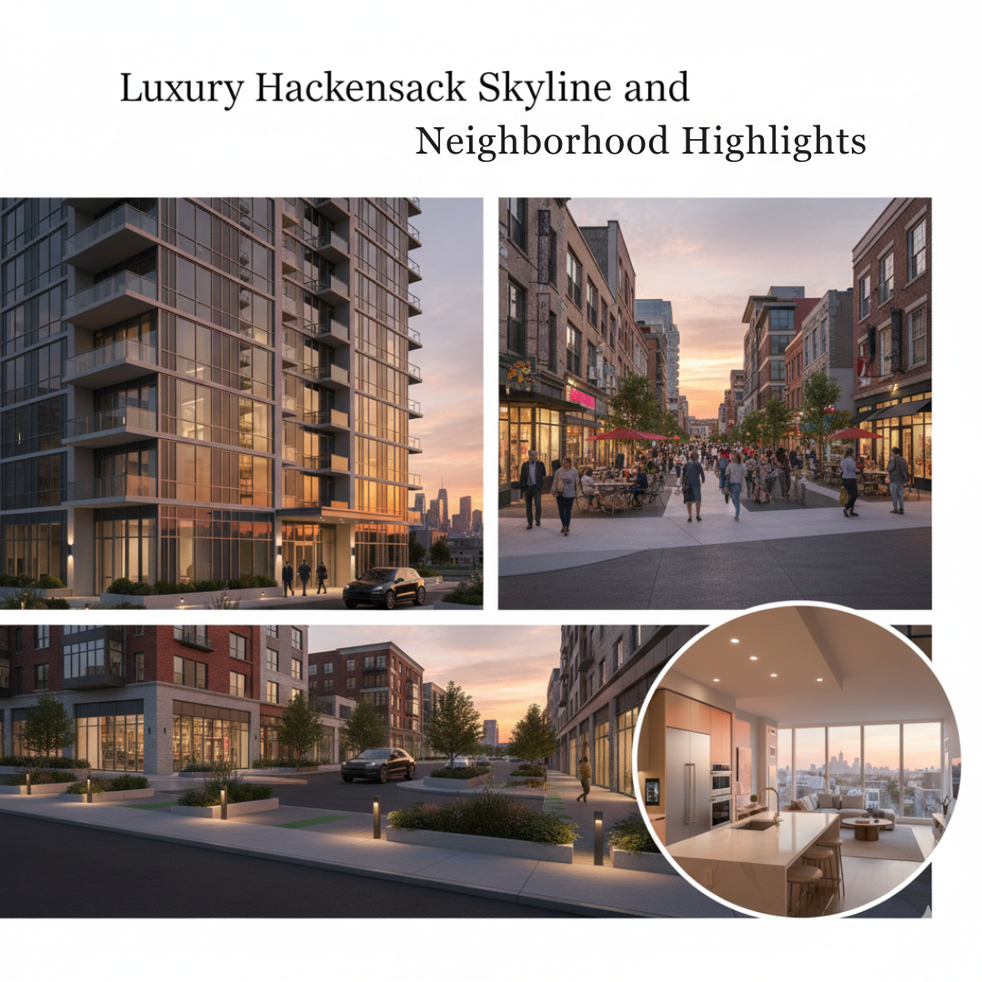Collage of luxury real estate in Hackensack showing high-rise condos on Prospect Avenue, walkable downtown redevelopment with outdoor dining, modern mixed-use buildings, and a high-end condo interior overlooking the skyline.