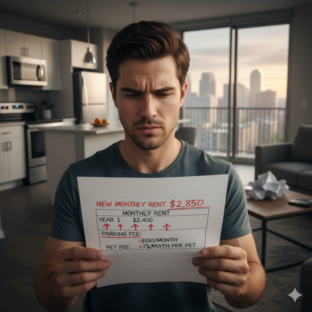 Frustrated renter in a Hackensack apartment reviewing a rent increase notice that shows rising monthly costs, highlighting why many residents start comparing homes for sale in Hackensack NJ.