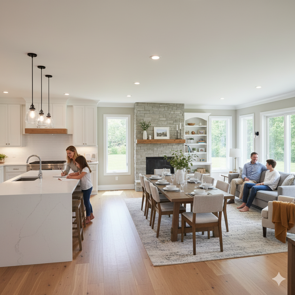 Open concept North Jersey family home with a large kitchen island, spacious dining area, and comfortable living room, designed for gatherings and family hosting.