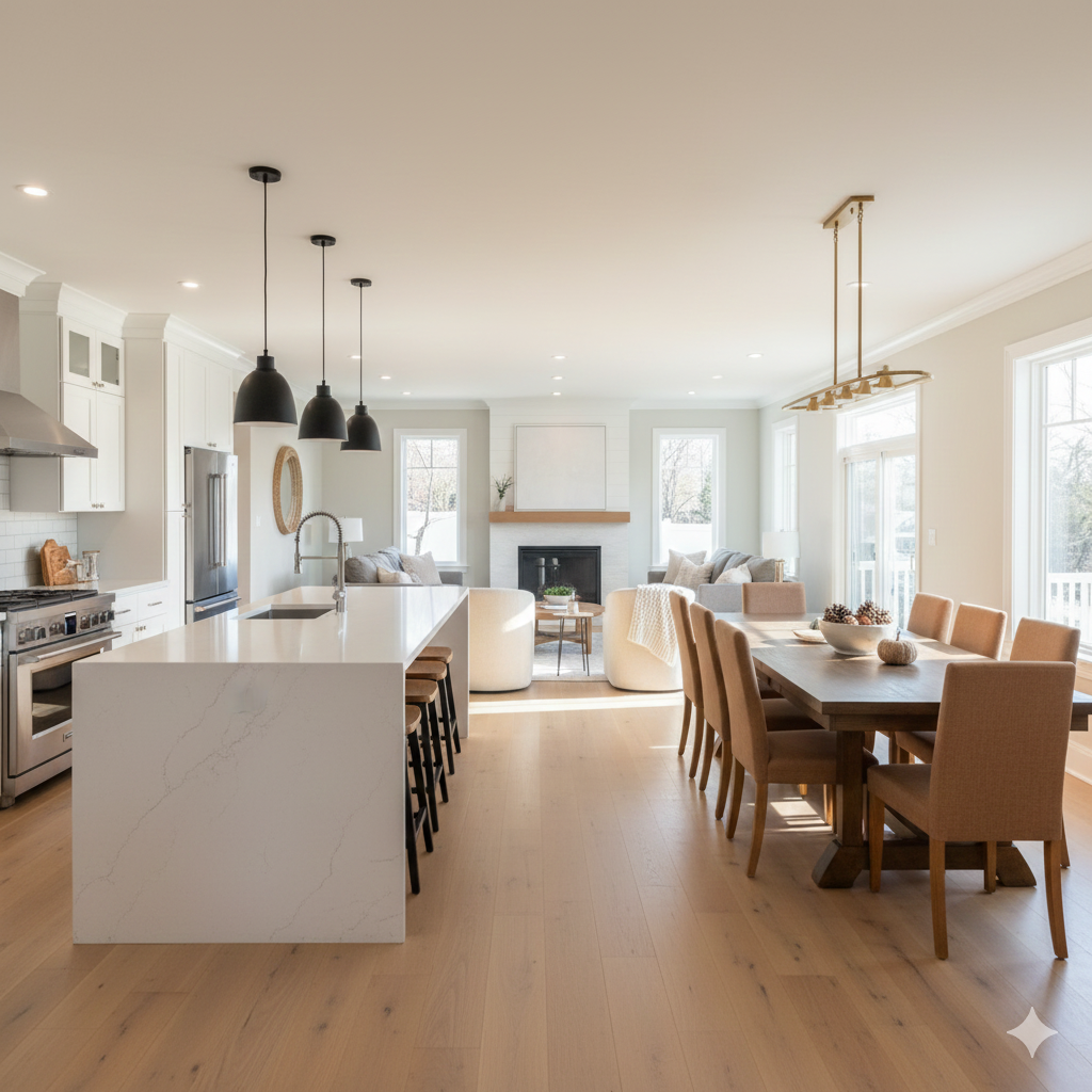 Open concept North Jersey home with a modern kitchen, large quartz island, spacious dining area, and connected living room designed for hosting family gatherings.