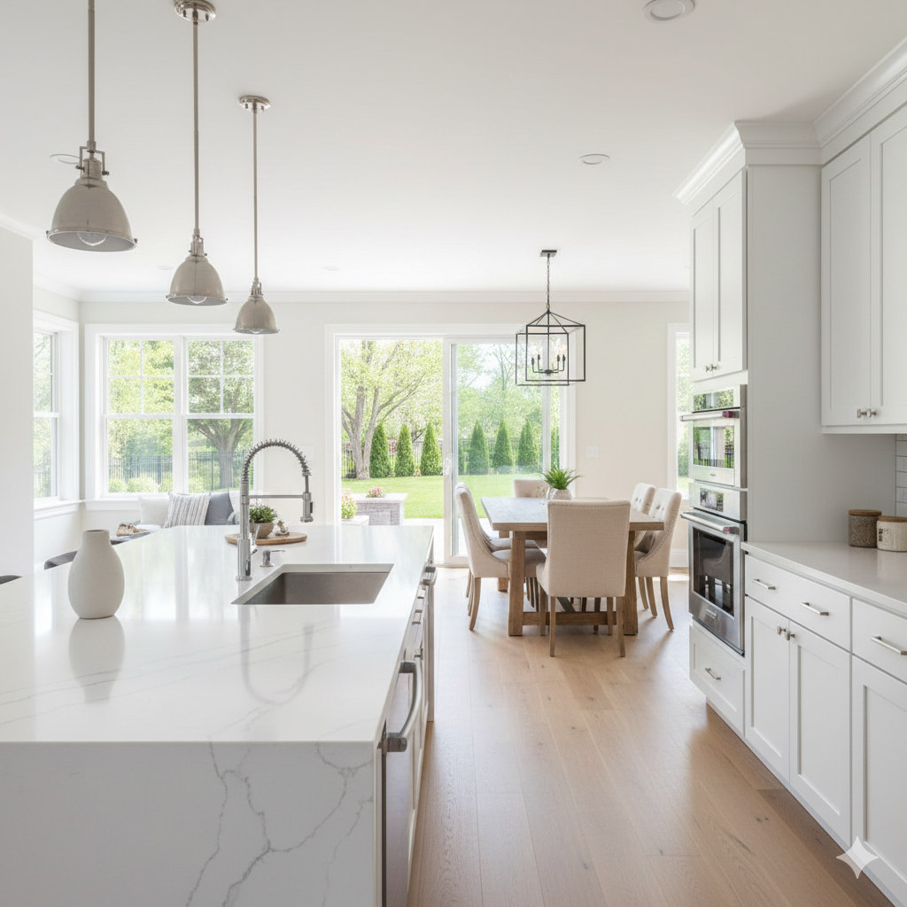 Bright North Jersey kitchen and dining area with modern upgrades, open layout, and backyard access showcasing the lifestyle features that increase home value in 2025.