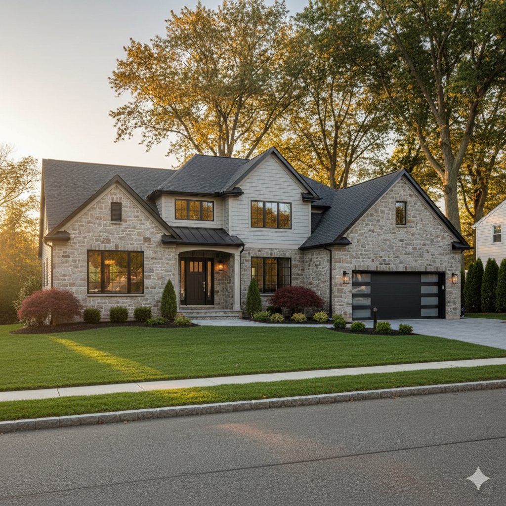 Luxury North Jersey stone exterior home at sunset, showcasing strong property values and stable appreciation in the Bergen County housing market.