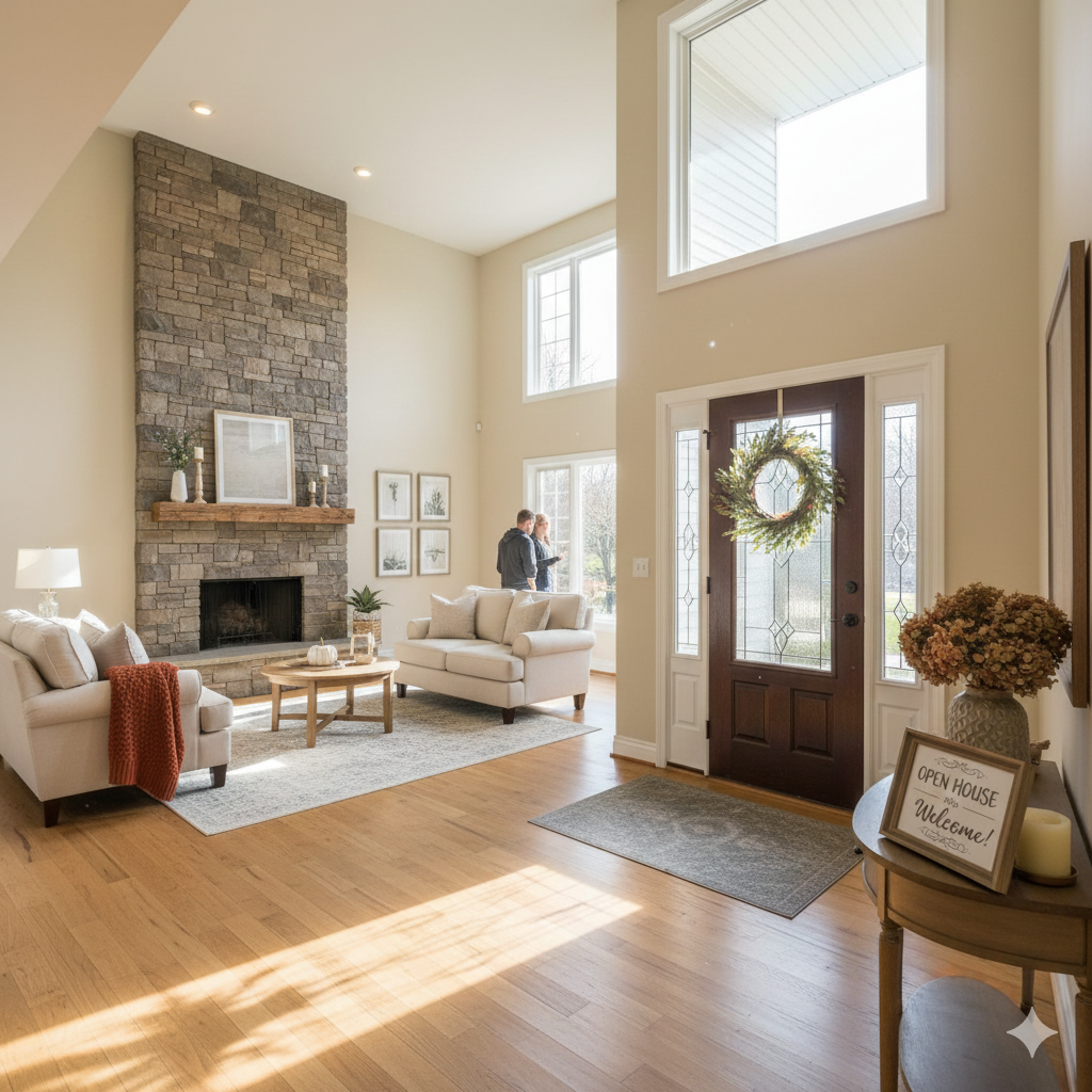 Bright North Jersey open house with a spacious living room, stone fireplace, fall wreath, and quiet Thanksgiving weekend buyers touring the home.