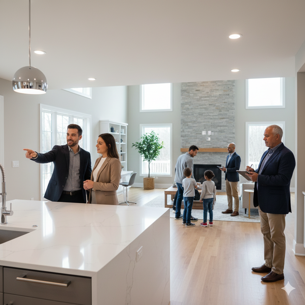 North Jersey home tour with relocation buyers, families, and agents exploring a modern open layout, highlighting real buyer activity and steady market demand in 2025.
