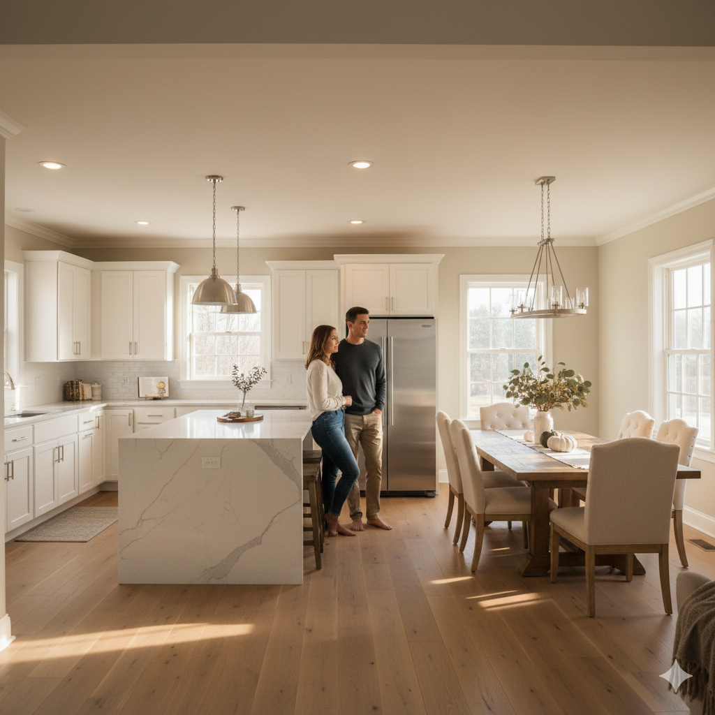 NYC buyers touring a modern North Jersey kitchen and dining space during Thanksgiving weekend, exploring open layouts and preparing to make an offer.