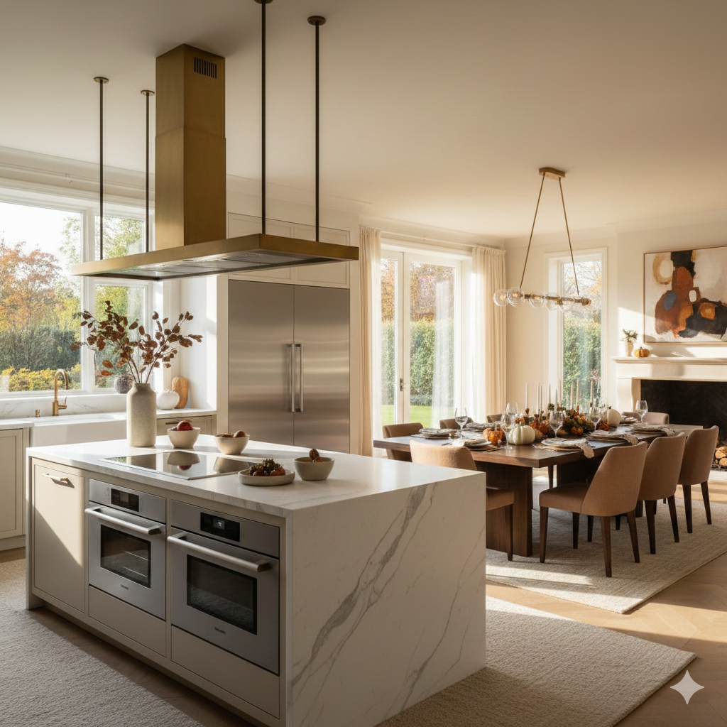 Luxury North Jersey kitchen with a marble island, double ovens, stainless steel appliances, and an open dining room set for a Thanksgiving gathering in a spacious family home.