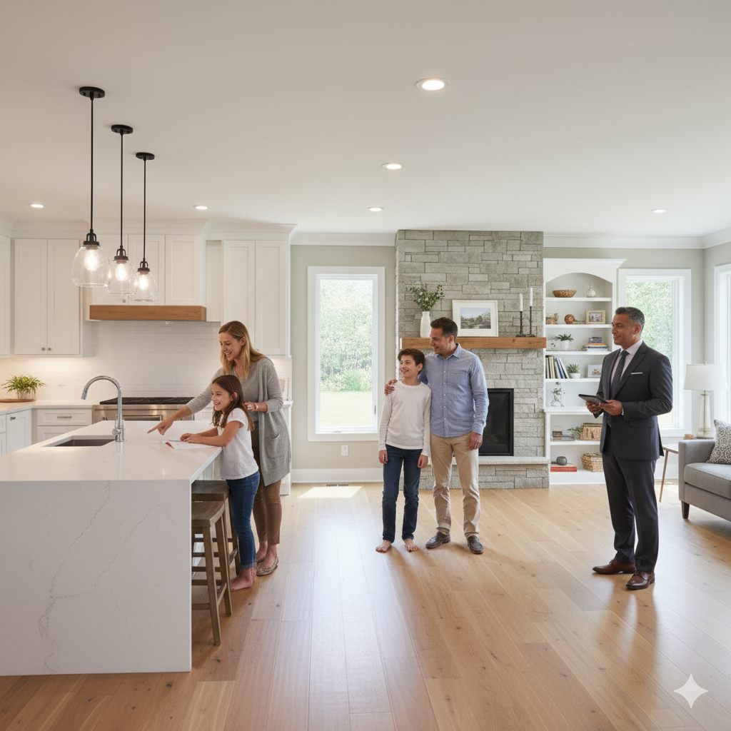 Ramirez family touring a bright Paramus home with an open kitchen, large island, spacious family room, and hosting-friendly layout in North Jersey.