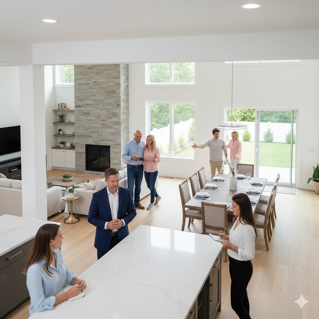 Open house in a bright North Jersey home with buyers touring a spacious kitchen, dining area, and living room, showcasing the gathering spaces families look for when shopping for North Jersey homes for sale.