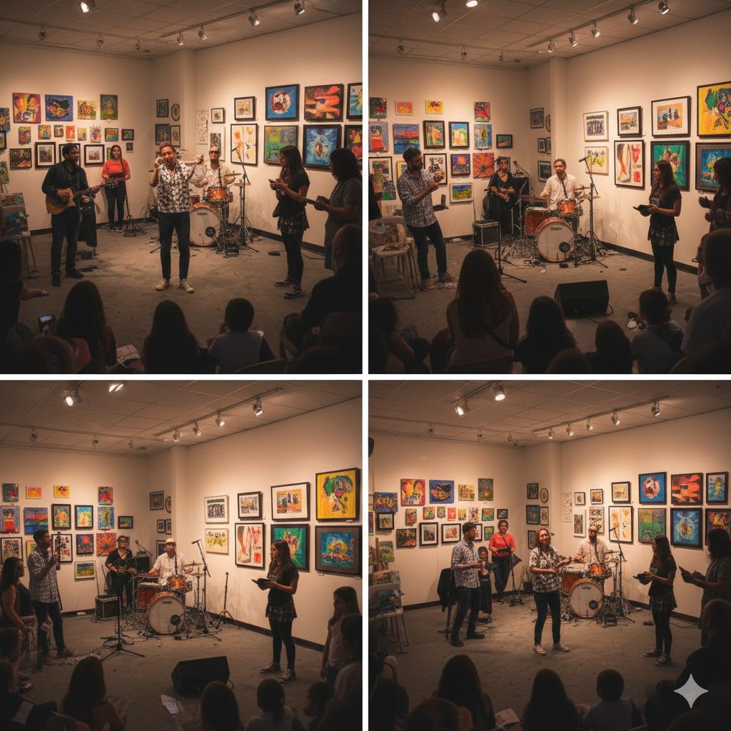 Live improv and music performance inside an art gallery at HACPAC, featuring local artists, colorful paintings on display, and families enjoying creative weekend events in North Jersey.