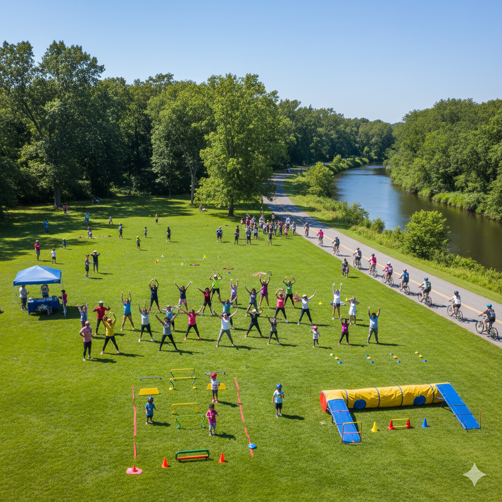 Families participating in outdoor fitness classes, kids running through obstacle course stations, and a large group of cyclists riding along a riverside trail during a community recreation day in North Jersey.