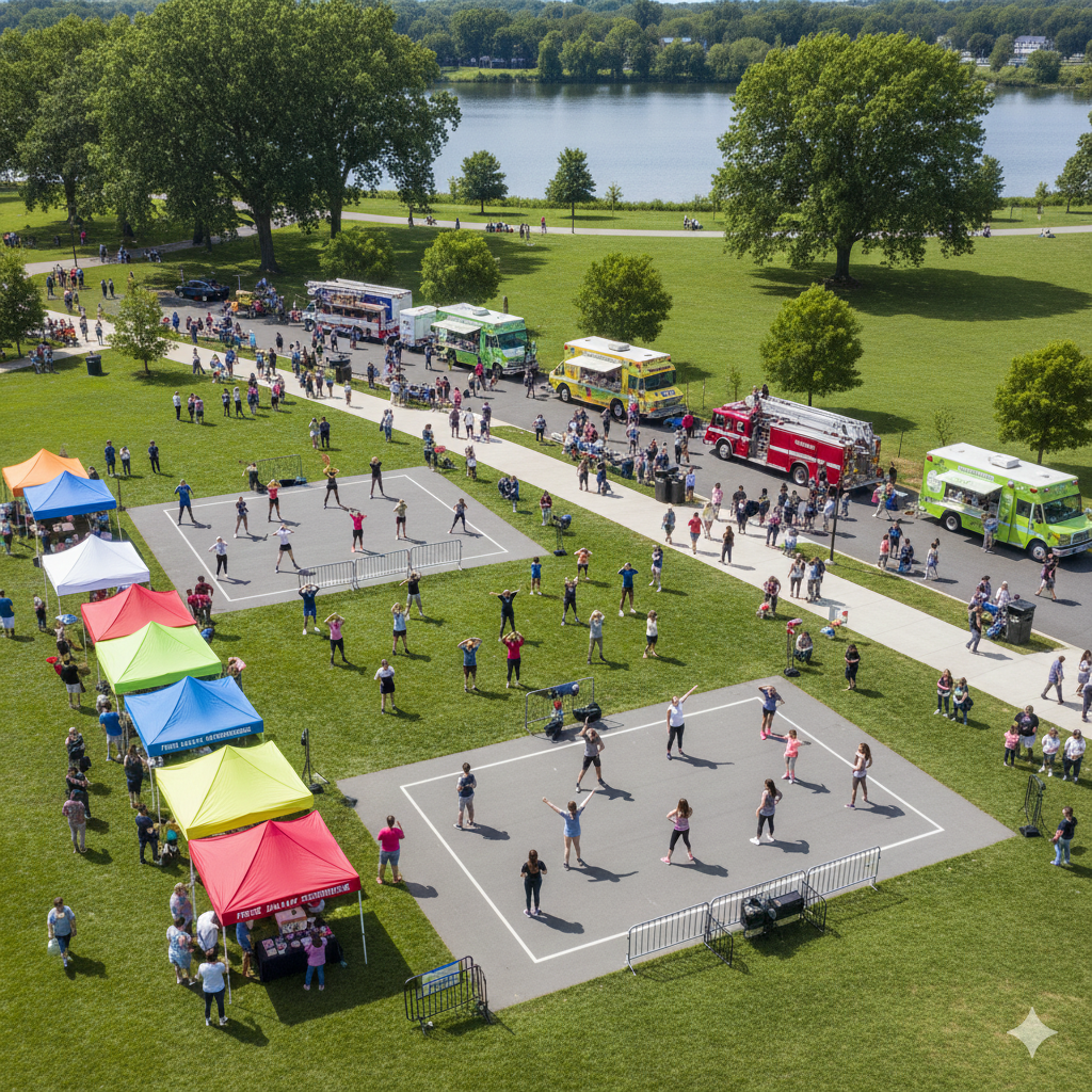 Bird&rsquo;s-eye view of a community wellness festival in Hackensack featuring fitness classes, colorful wellness tents, food trucks, a fire truck, and families enjoying outdoor weekend events in North Jersey.
