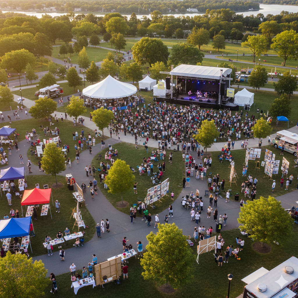 Bird&rsquo;s-eye view of an outdoor arts festival with multiple activity zones, live music stage, art displays, vendor tents, and families enjoying weekend events in North Jersey.