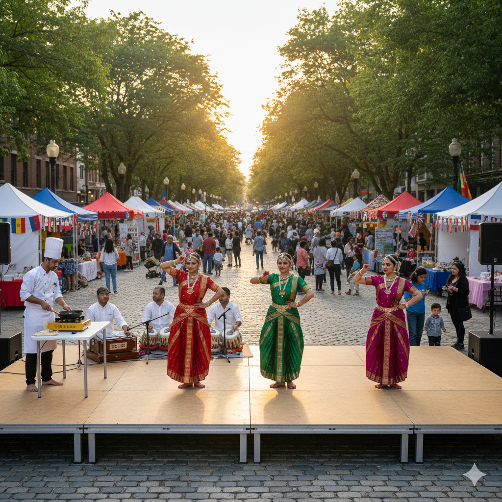 Traditional dancers performing at a multicultural street festival with international food tents, live cooking demos, and families exploring weekend events in North Jersey.