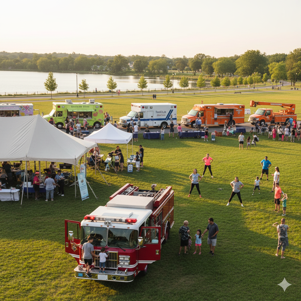 Families enjoying a wellness festival in Hackensack with health tents, fitness activities, food trucks, and a Touch-a-Truck fire engine during a sunny weekend event in North Jersey.
