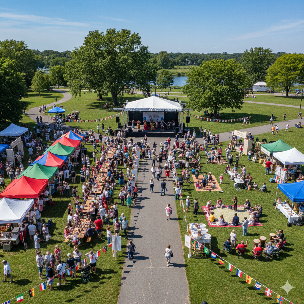 Aerial view of a multicultural food and culture fair with international food tents, cultural performances on an outdoor stage, craft workshops, and families enjoying weekend events in North Jersey.