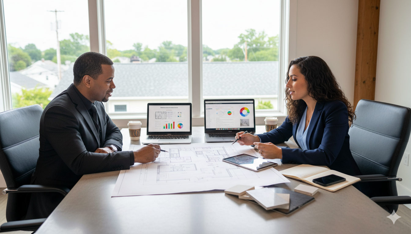 Real estate agent and investor discussing renovation strategy and ROI plans in Woodland Park NJ office with floor plans and market charts.