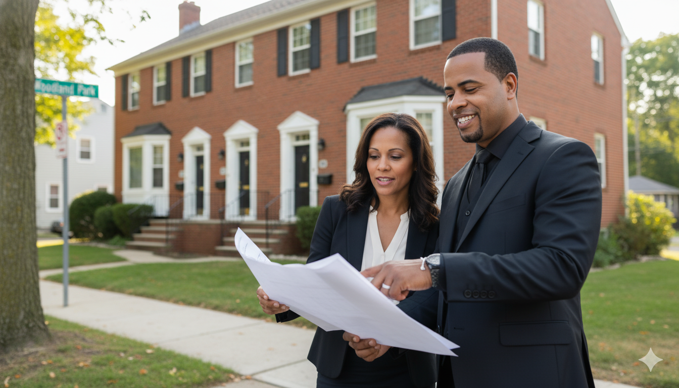 Real estate agent and investor reviewing property plans in front of a brick multi-family home in Woodland Park NJ, representing smart buying strategies and teamwork.
