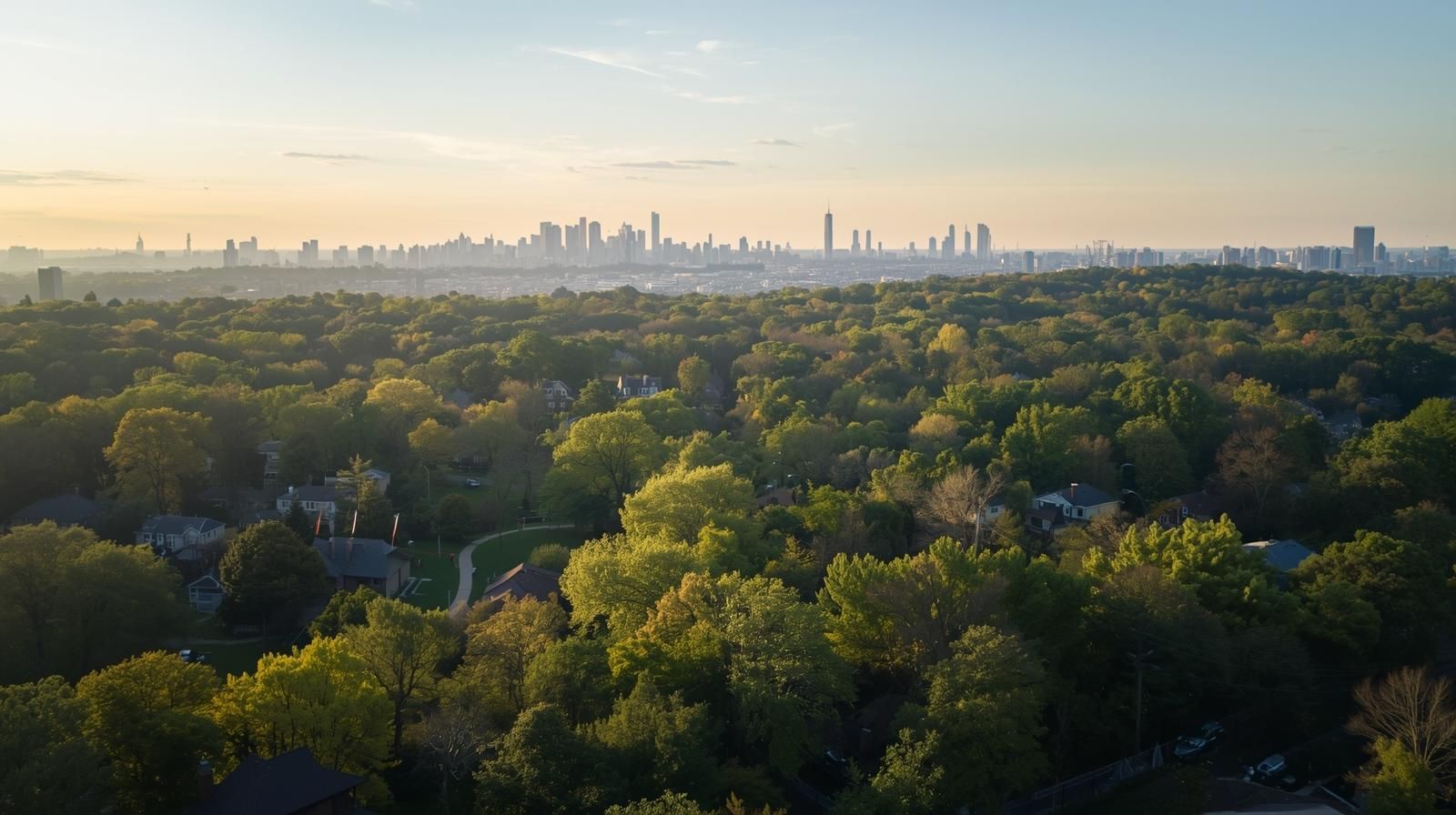 Aerial view of Woodland Park NJ homes with tree-lined streets and distant NYC skyline showing suburban comfort and city convenience.