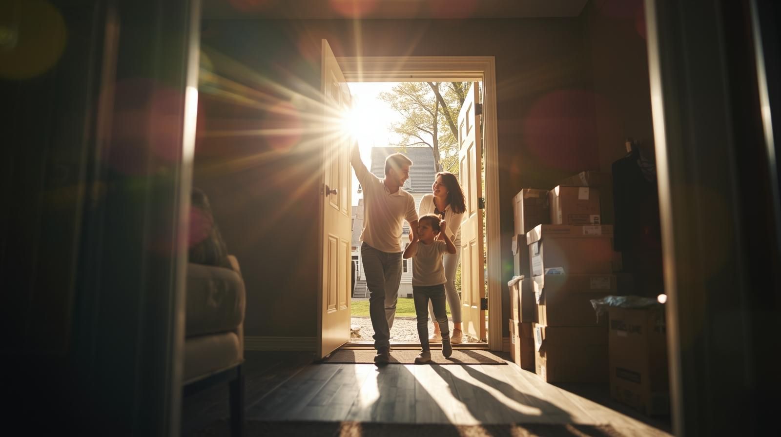 Happy family moving into their new Woodland Park NJ townhouse after selling their condo, symbolizing lifestyle upgrade and real estate success.