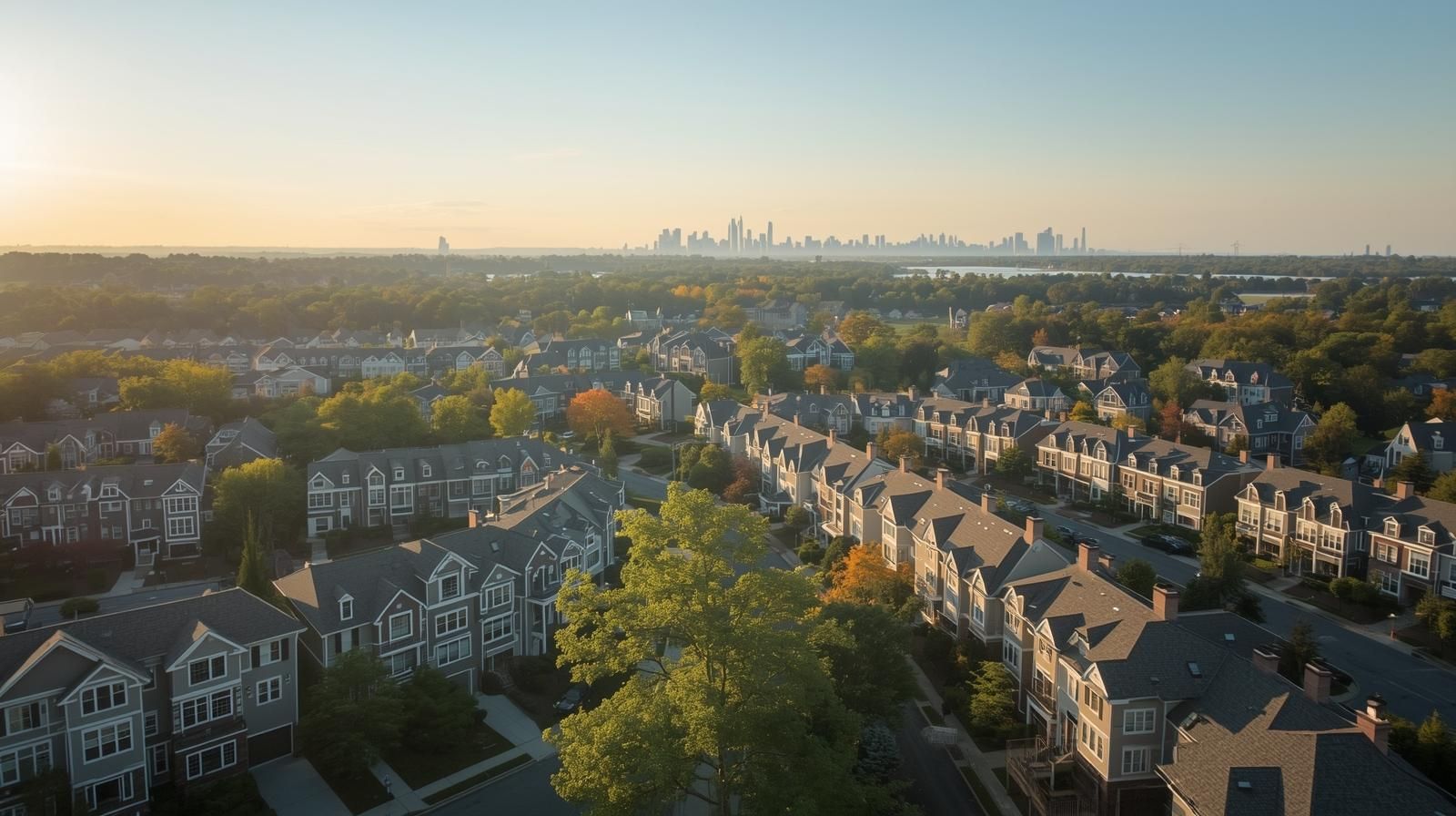 Aerial view of Woodland Park NJ condos and townhouses with distant NYC skyline showing suburban comfort and easy city commute.