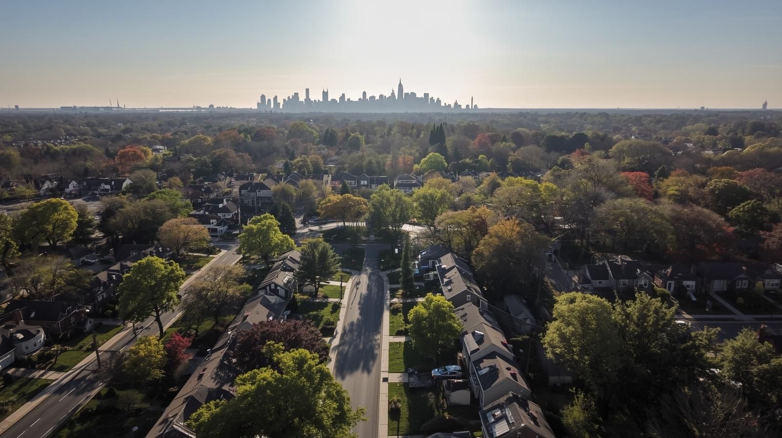 Aerial view of Woodland Park NJ residential neighborhood with tree-lined streets and distant NYC skyline, showing suburban comfort and urban access for home buyers and investors.