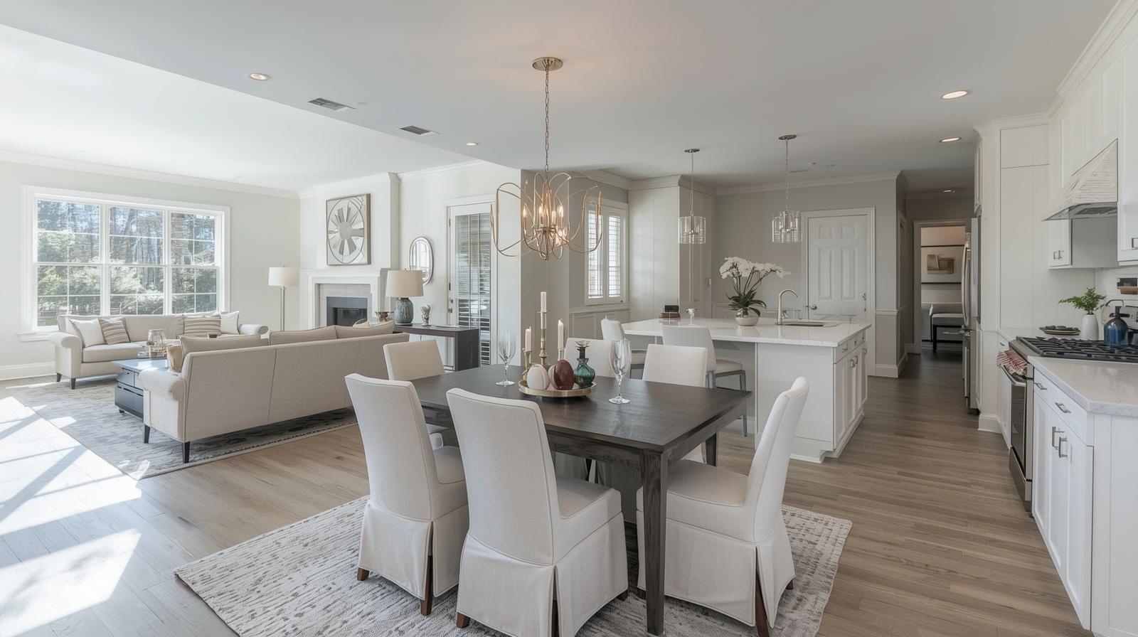 Open-concept kitchen and dining area in Woodland Park NJ home with modern white cabinetry, large island, and bright living space.